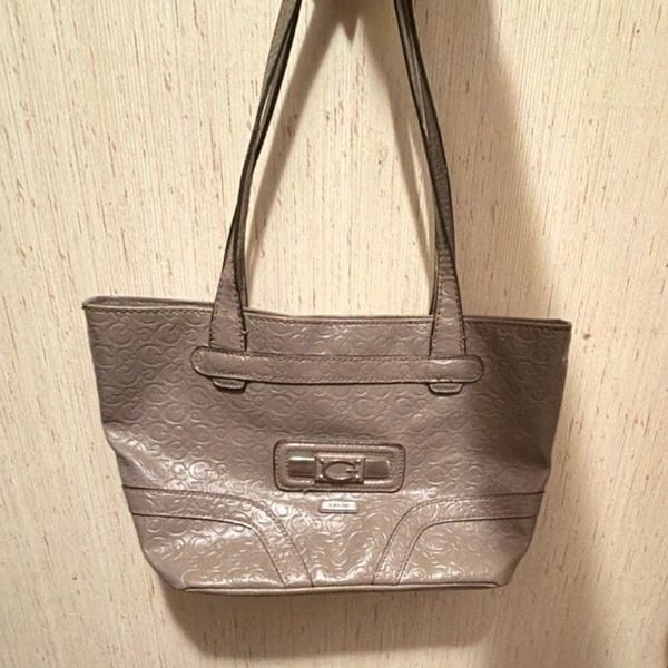 Guess Logo Embossed Metallic Tote Bag Bronze