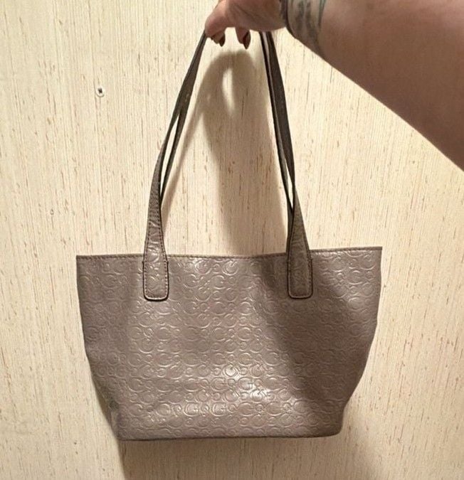 Guess Logo Embossed Metallic Tote Bag Bronze 3