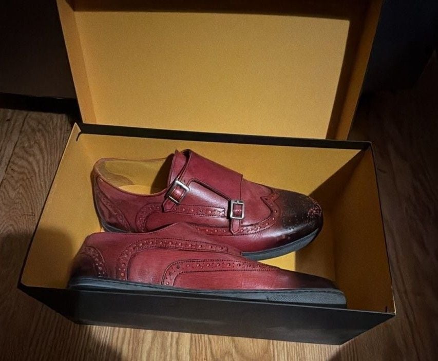 Undandy Double Monk Strap Brogue Shoes Burgundy Leather 1
