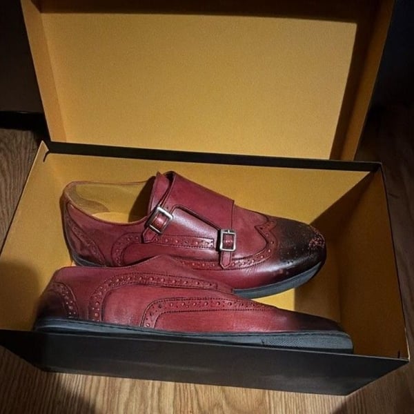 Undandy Double Monk Strap Brogue Shoes Burgundy Leather