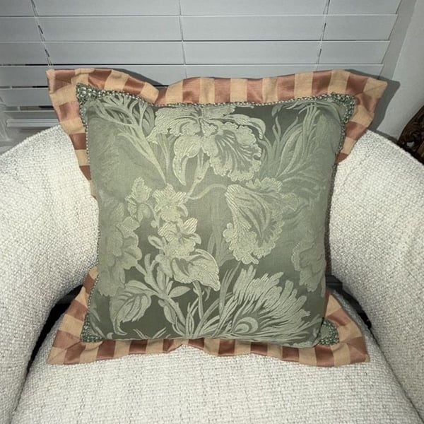 Amy Karyn luxury vintage Floral Pillow 19 x 19 Sage Green Pink Striped Ruffle