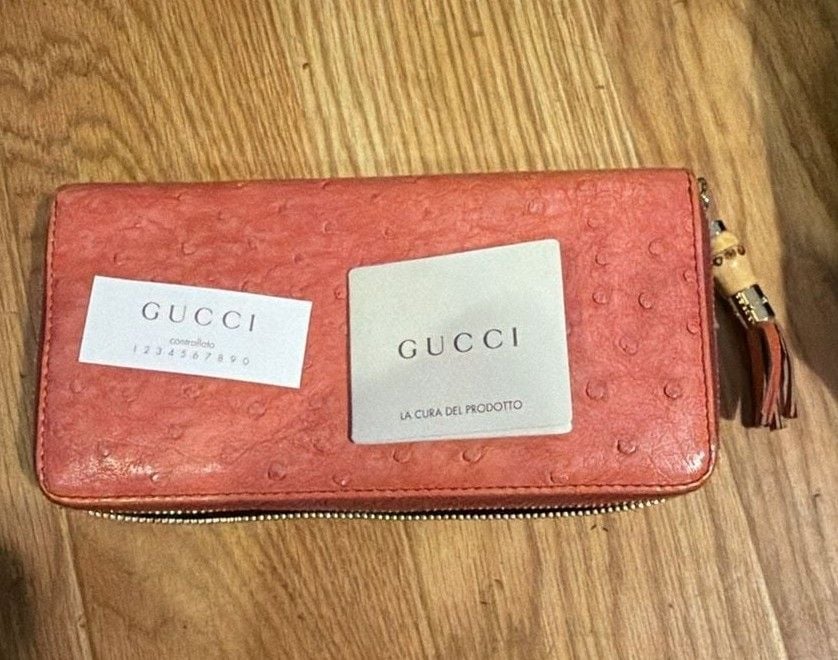Gucci Ostrich Leather Zip Around Wallet with Bamboo Tassel Red 2