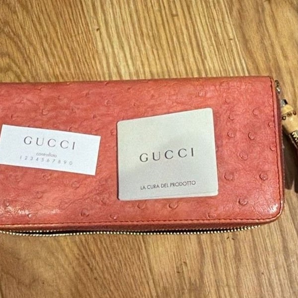 Gucci Ostrich Leather Zip Around Wallet with Bamboo Tassel Red