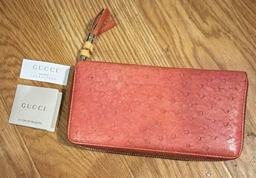 Gucci Ostrich Leather Zip Around Wallet with Bamboo Tassel Red 4