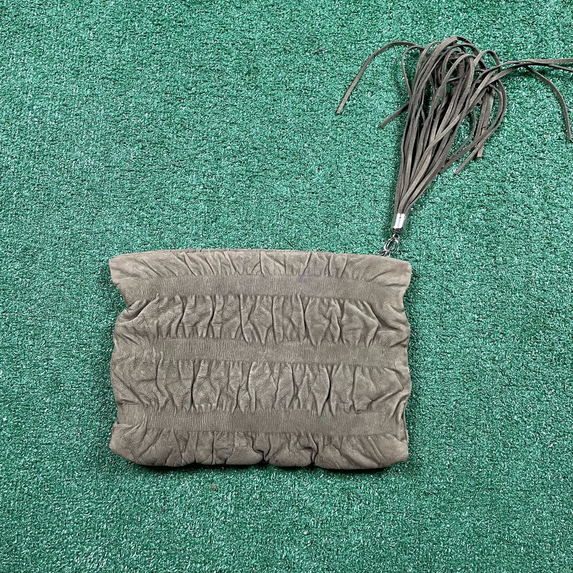 Jenny Bird Suede Ruched Clutch Purse Handbag with Tassel Green 3