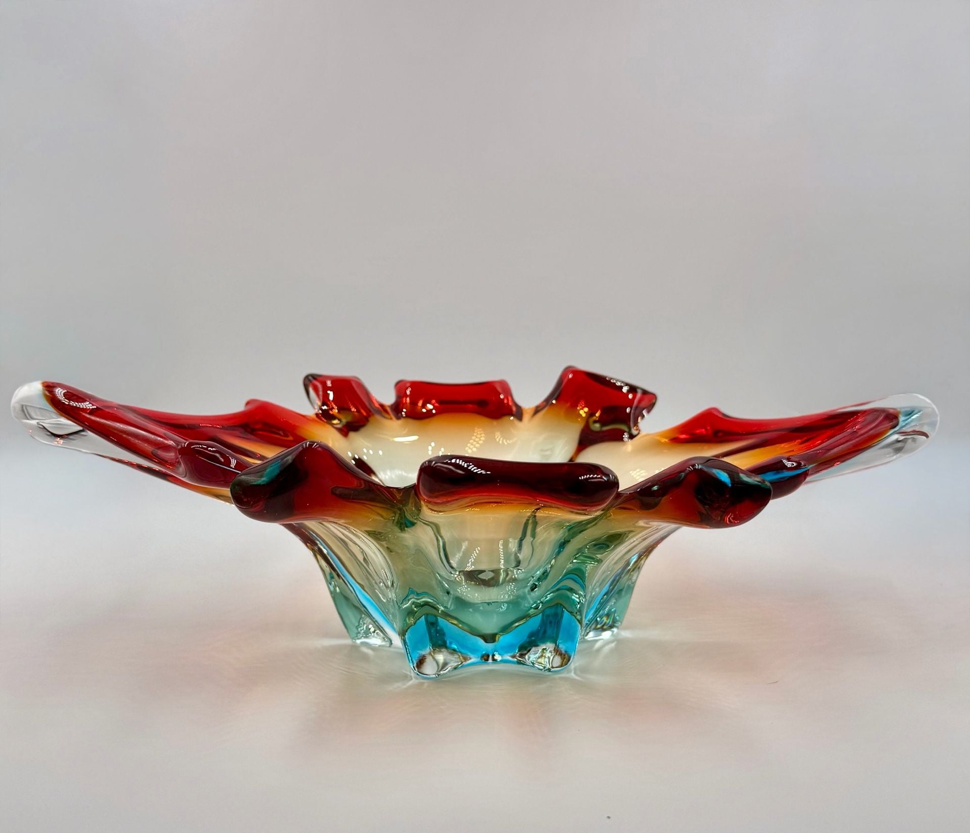 Murano Art Glass Splash Centerpiece Bowl Red Orange Blue 1