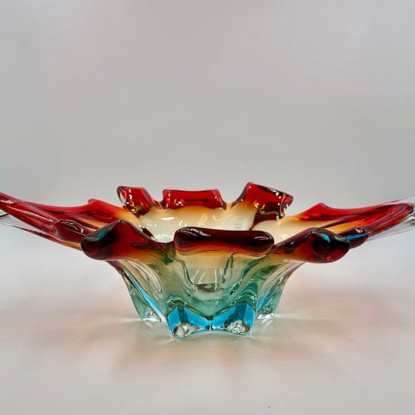 Murano Art Glass Splash Centerpiece Bowl Red Orange Blue