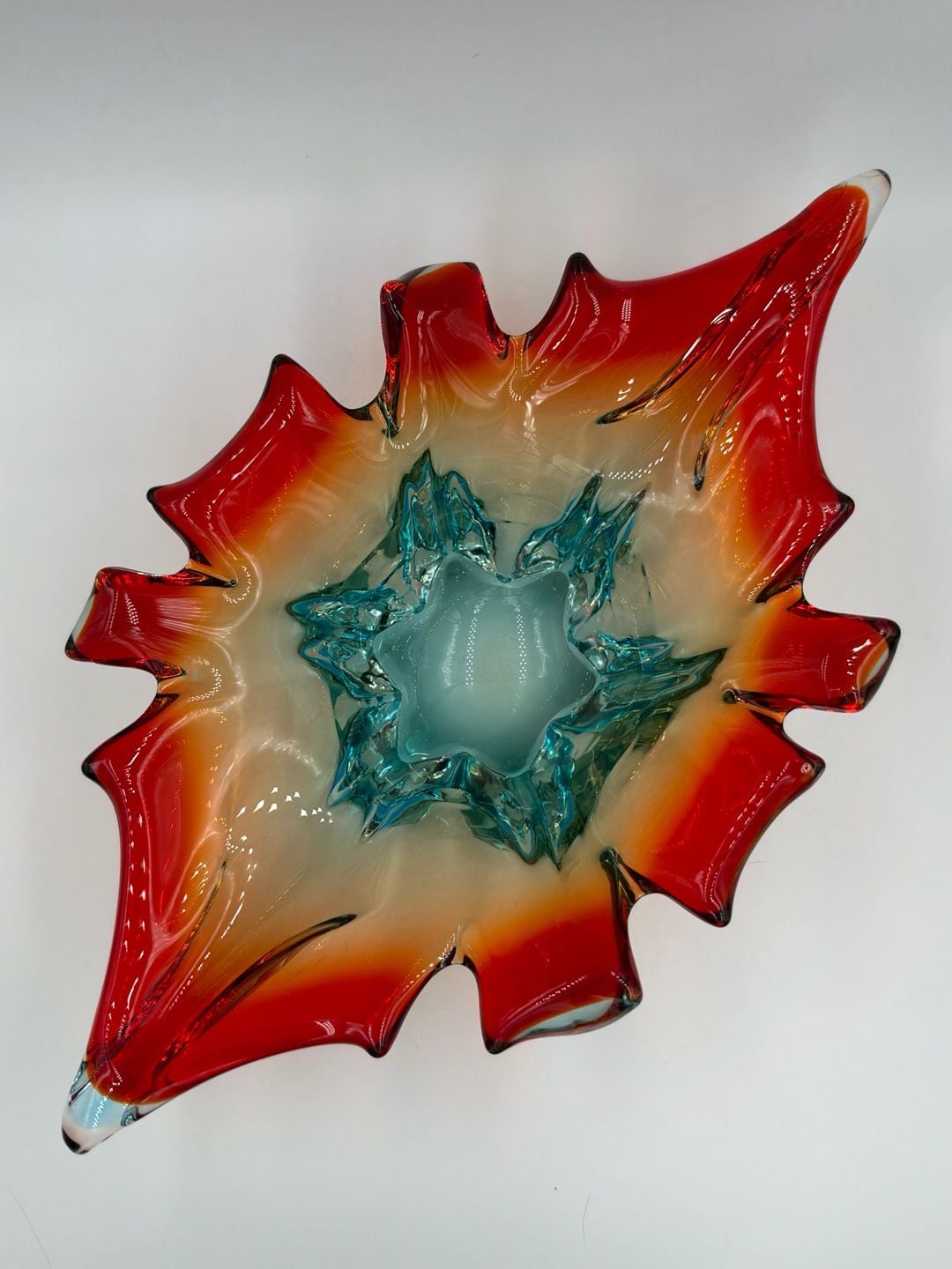 Murano Art Glass Splash Centerpiece Bowl Red Orange Blue 2
