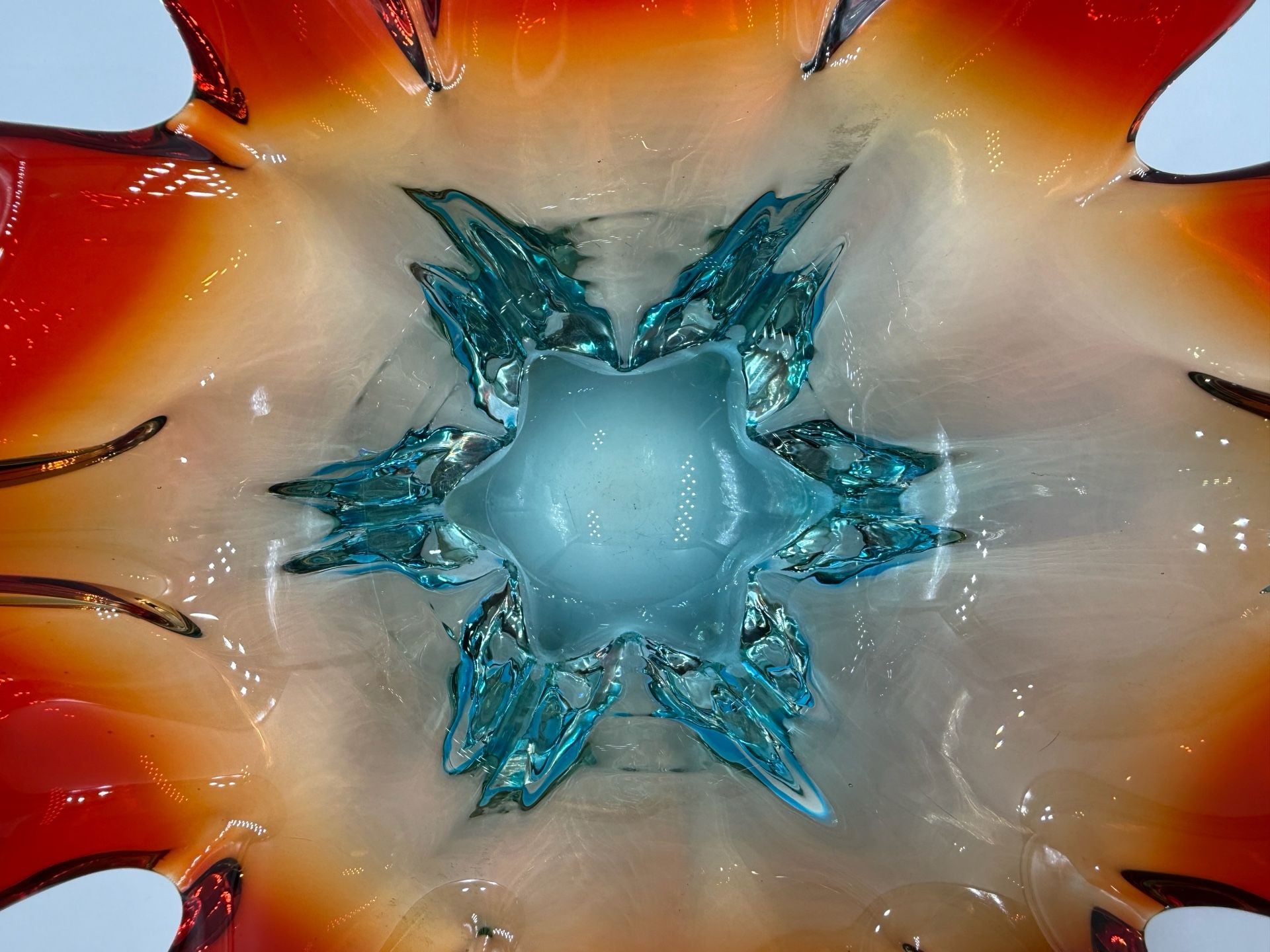Murano Art Glass Splash Centerpiece Bowl Red Orange Blue 3