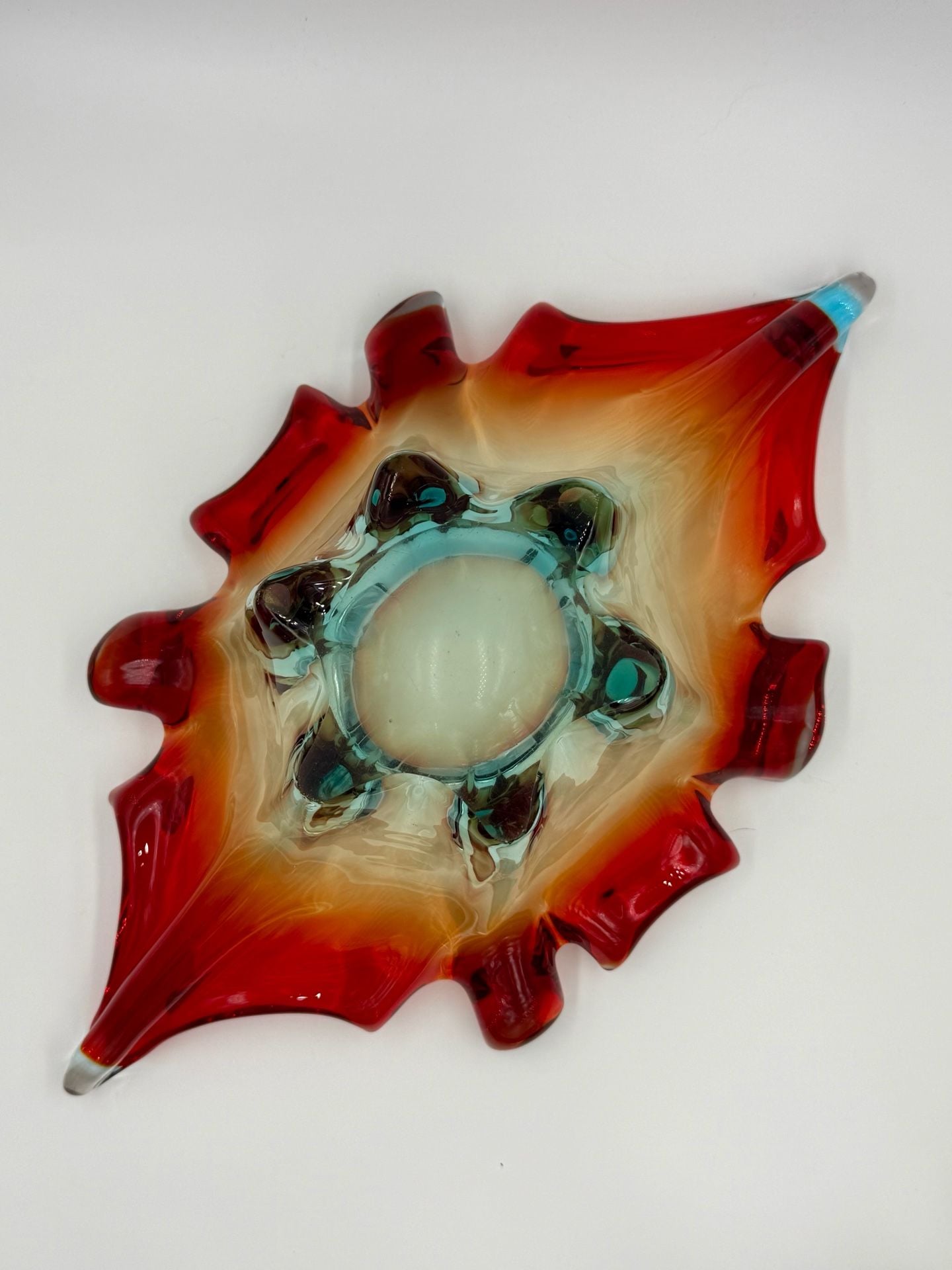 Murano Art Glass Splash Centerpiece Bowl Red Orange Blue 5