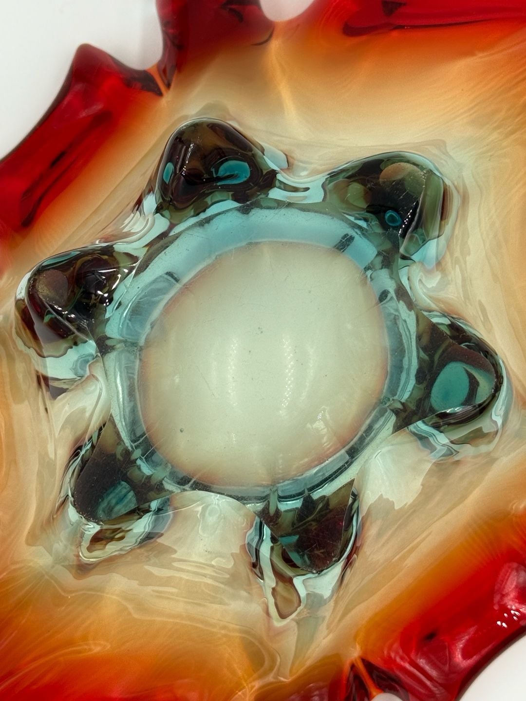 Murano Art Glass Splash Centerpiece Bowl Red Orange Blue 6