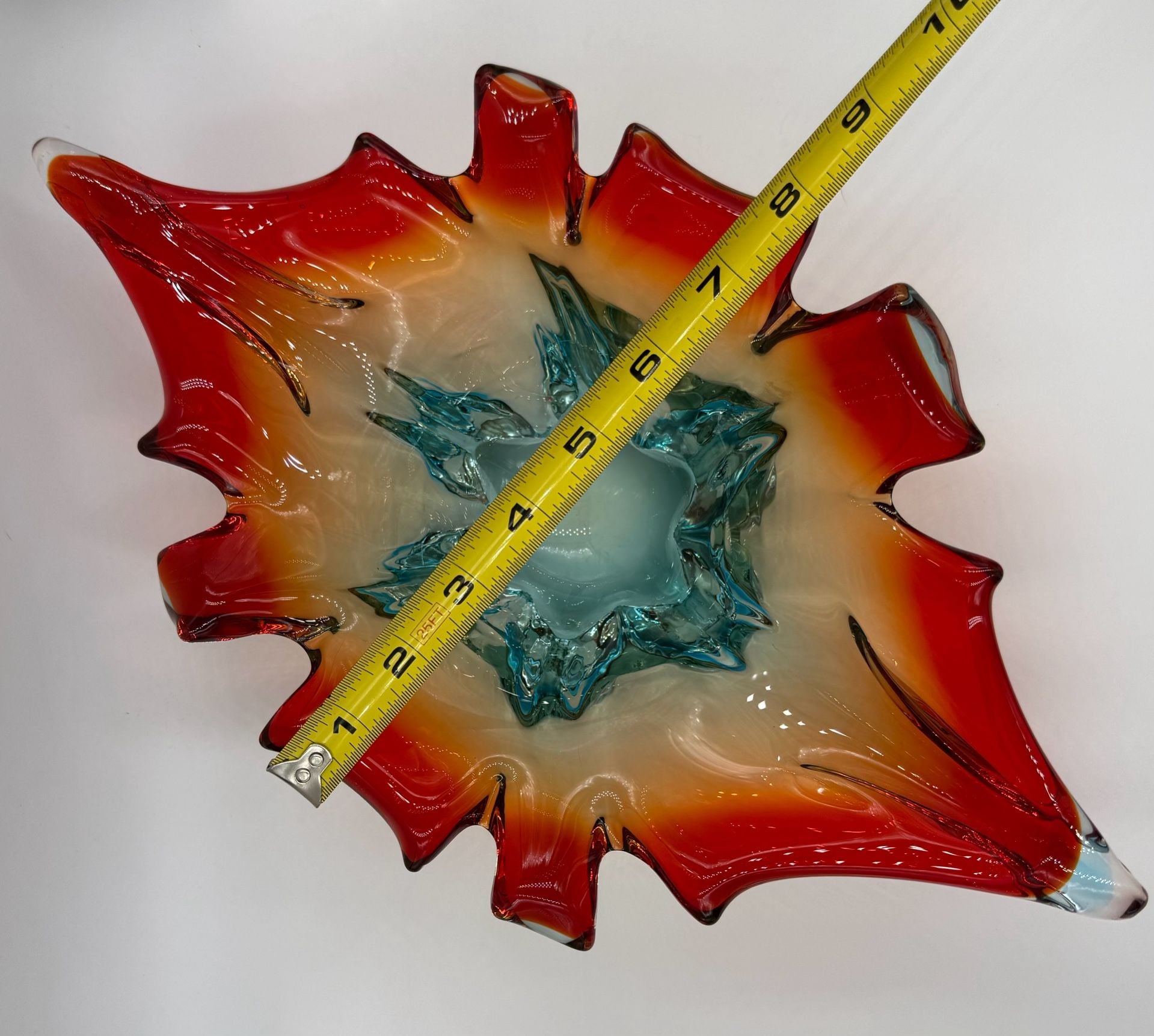 Murano Art Glass Splash Centerpiece Bowl Red Orange Blue 14