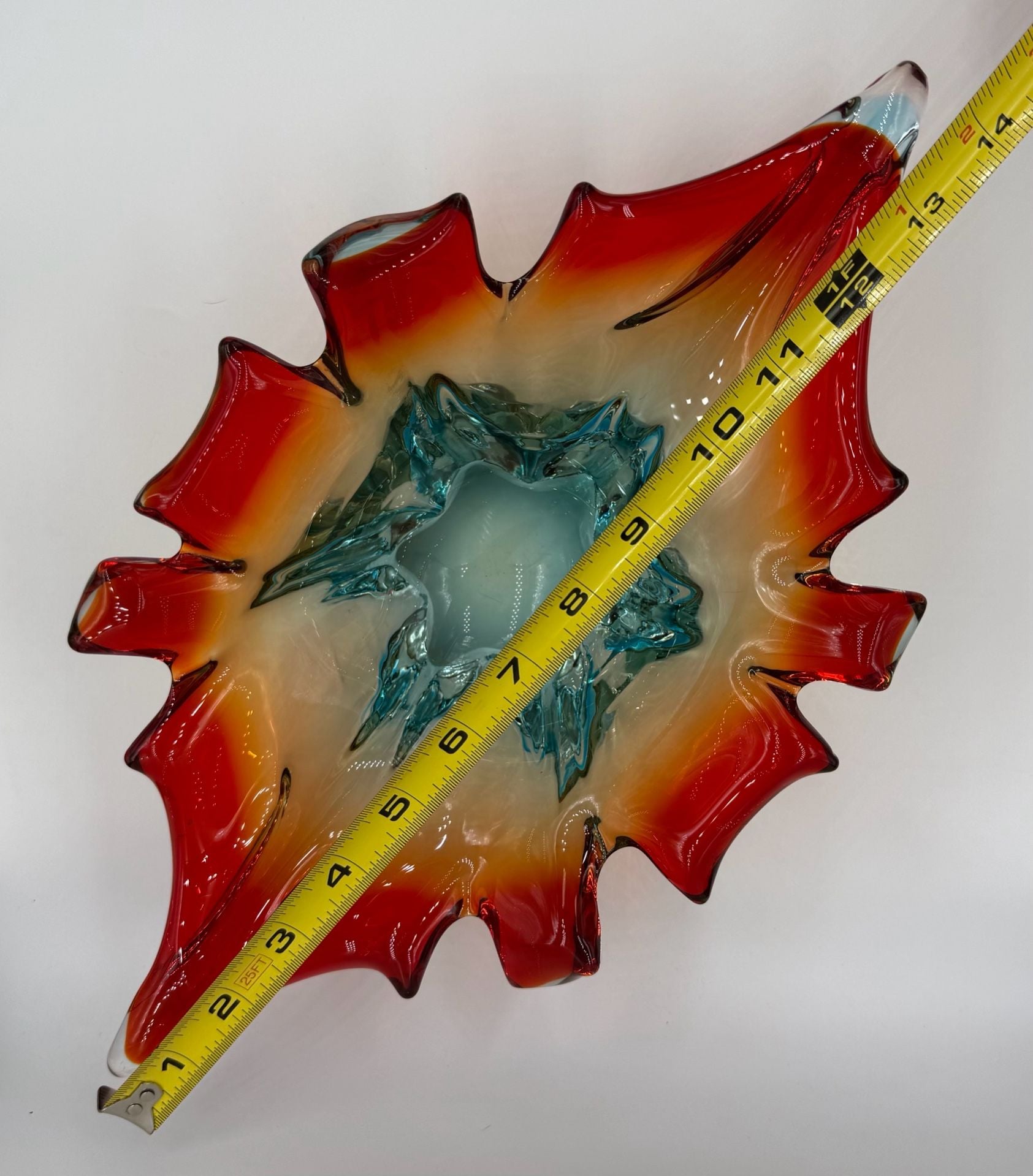 Murano Art Glass Splash Centerpiece Bowl Red Orange Blue 15