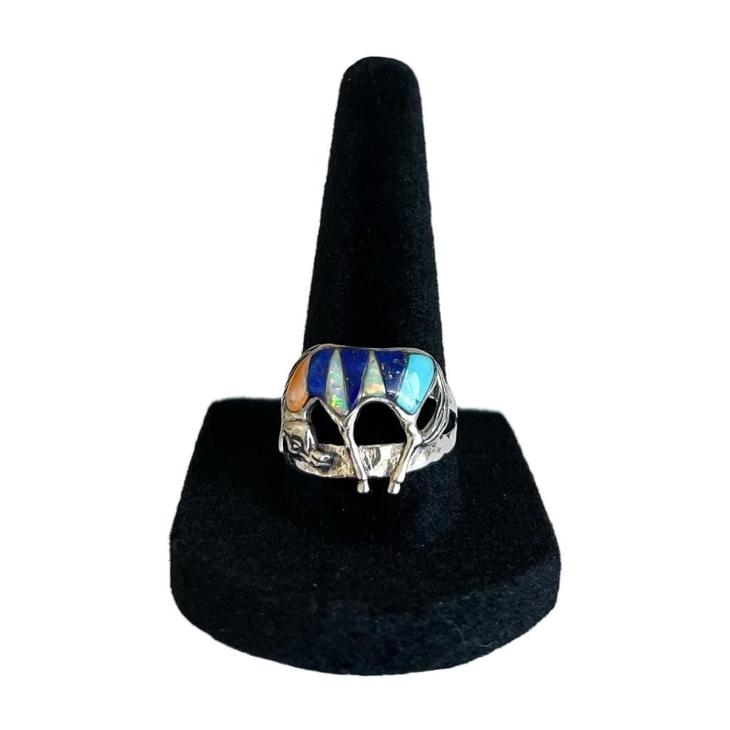 Vintage Southwestern Sterling Silver Multistone Inlay Horse Ring Size 8.5 6
