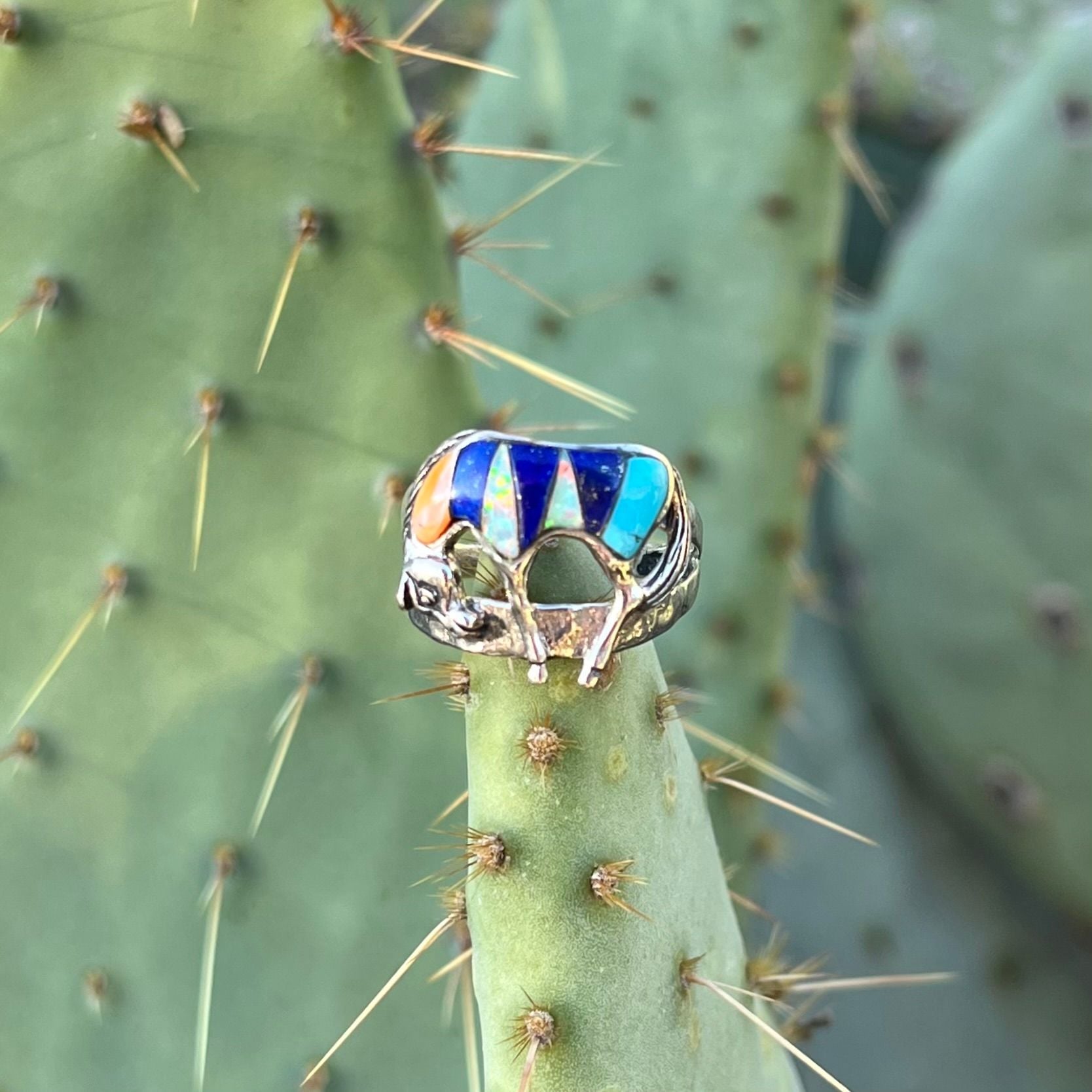 Vintage Southwestern Sterling Silver Multistone Inlay Horse Ring Size 8.5 2