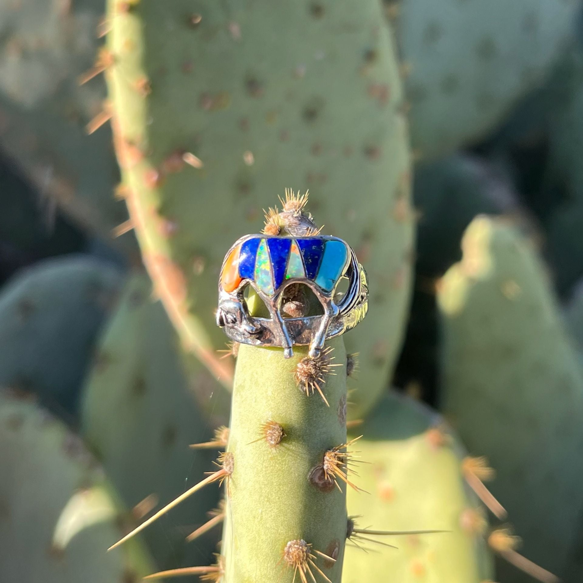 Vintage Southwestern Sterling Silver Multistone Inlay Horse Ring Size 8.5 9