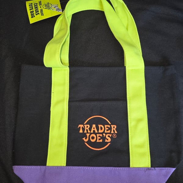 Trader Joe's Trick-or-Treat Canvas Tote Bag Black Neon Green Purple