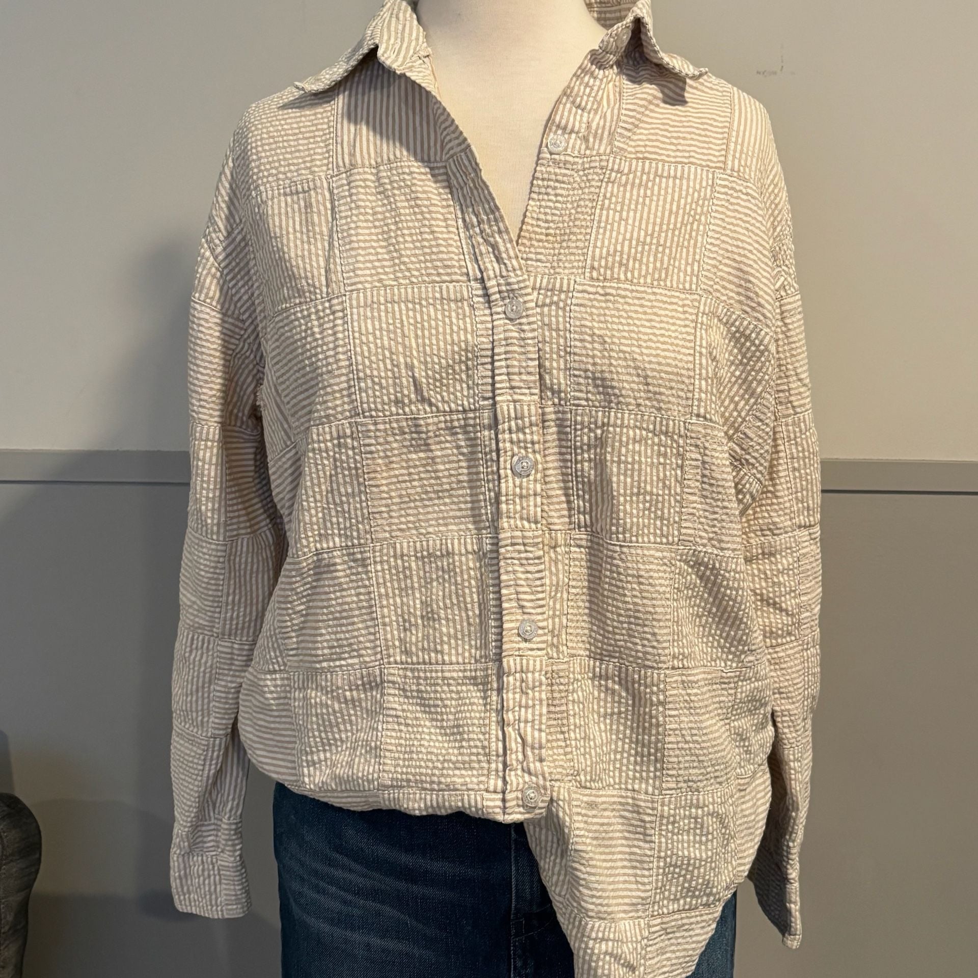 Cape Madras Patchwork Button-Down Shirt Size XL Beige Stripe 2