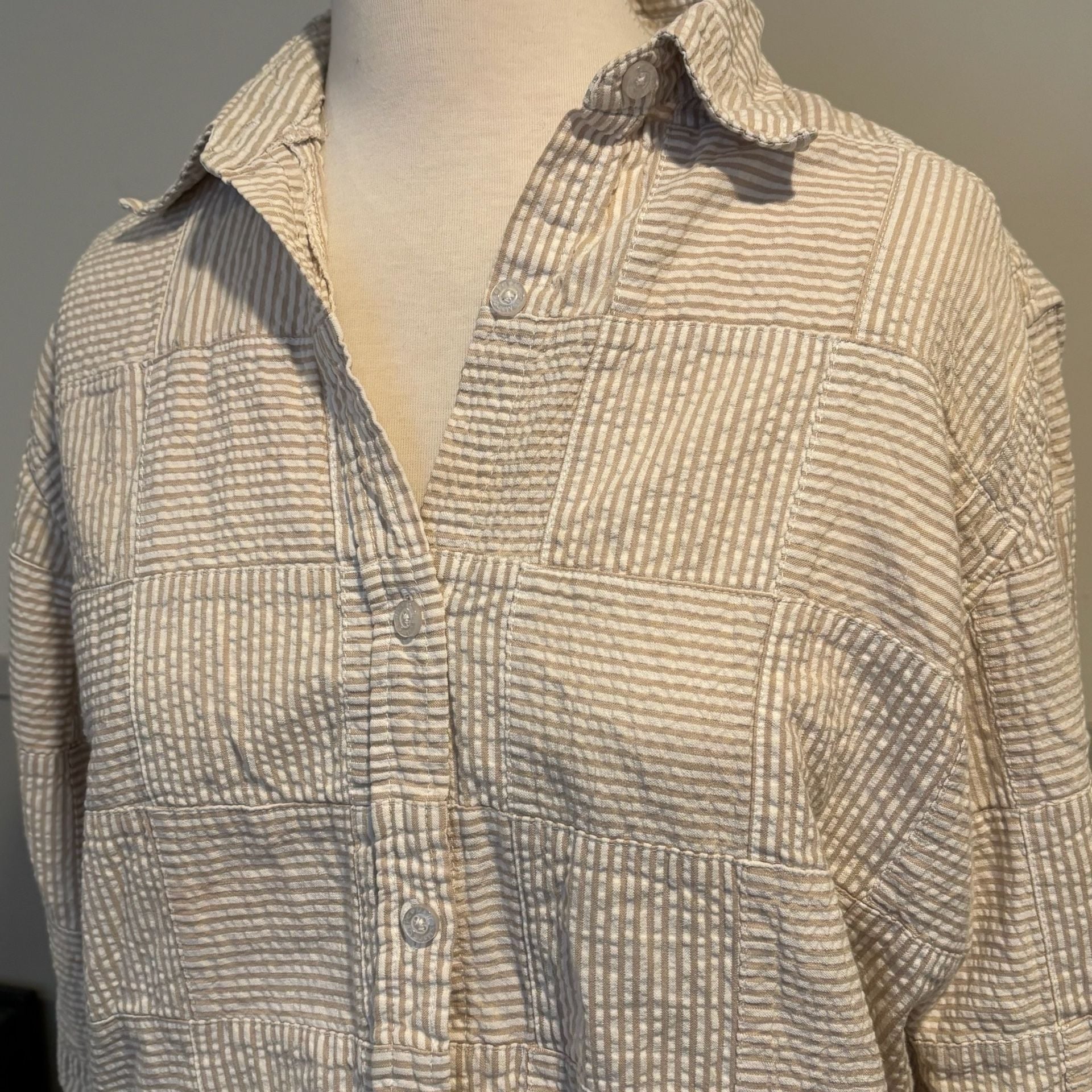 Cape Madras Patchwork Button-Down Shirt Size XL Beige Stripe 3