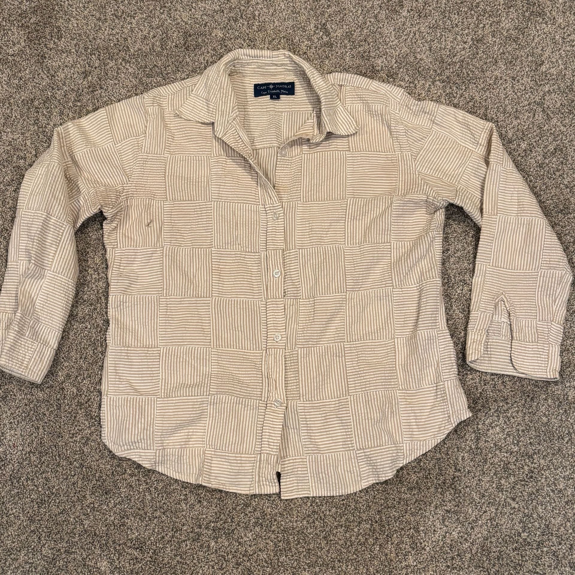 Cape Madras Patchwork Button-Down Shirt Size XL Beige Stripe 4
