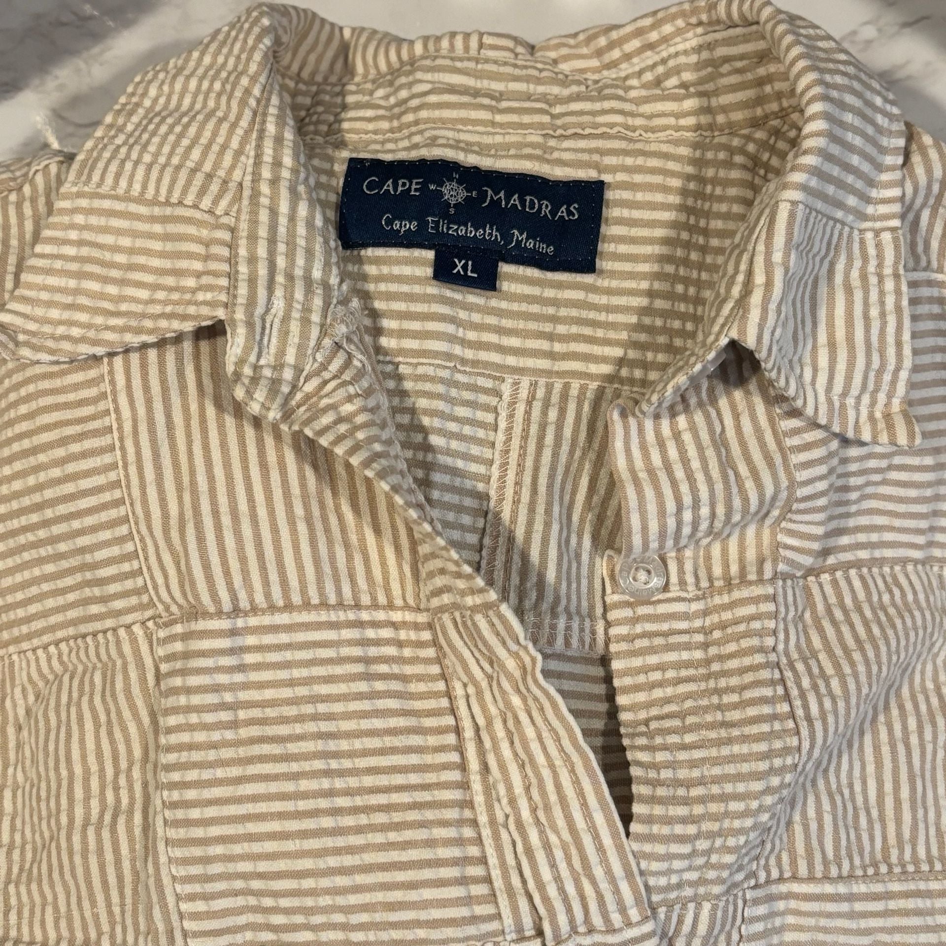 Cape Madras Patchwork Button-Down Shirt Size XL Beige Stripe 8