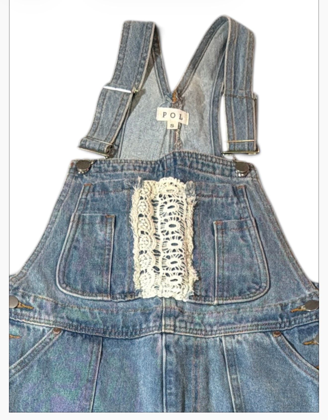 POL Denim Overalls Size S Light Wash Crochet Lace 3