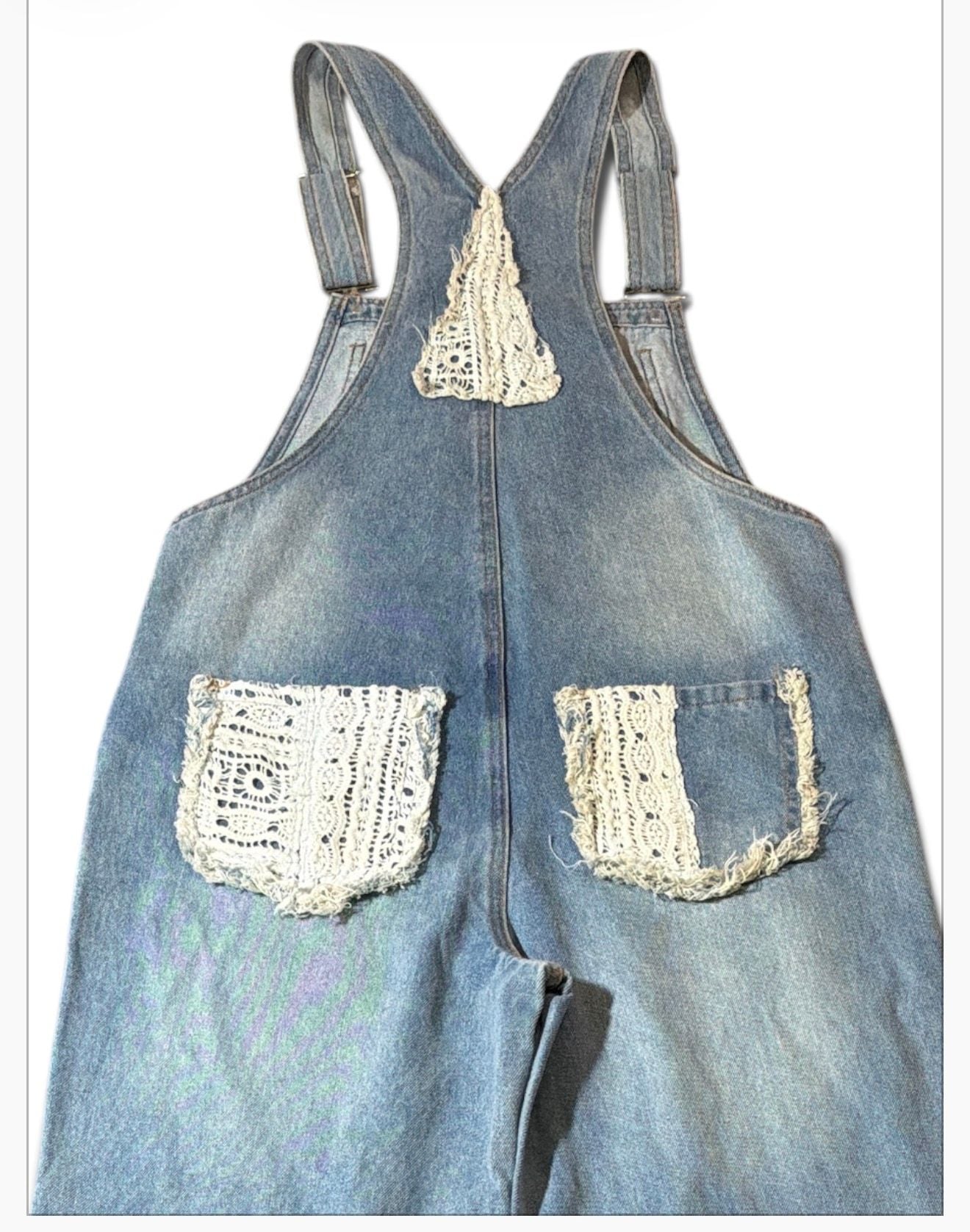 POL Denim Overalls Size S Light Wash Crochet Lace 5