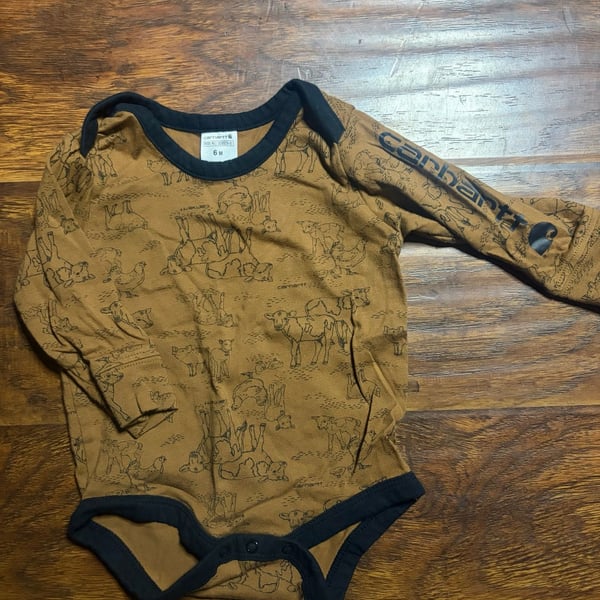 Carhartt Farm Print Long Sleeve Bodysuit Size 6M Brown Animal Print