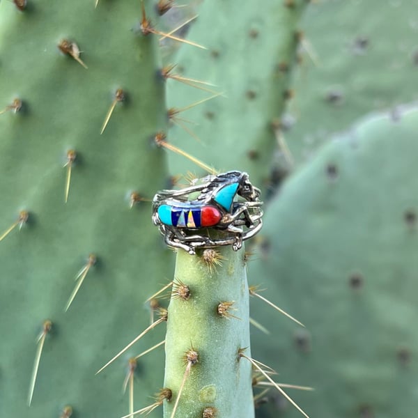 Vintage Southwestern Sterling Silver Multi-Stone Inlay Horse Ring  7