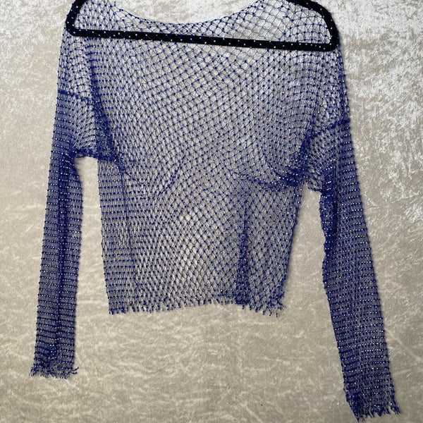 Blue Rhinestone Fishnet Top