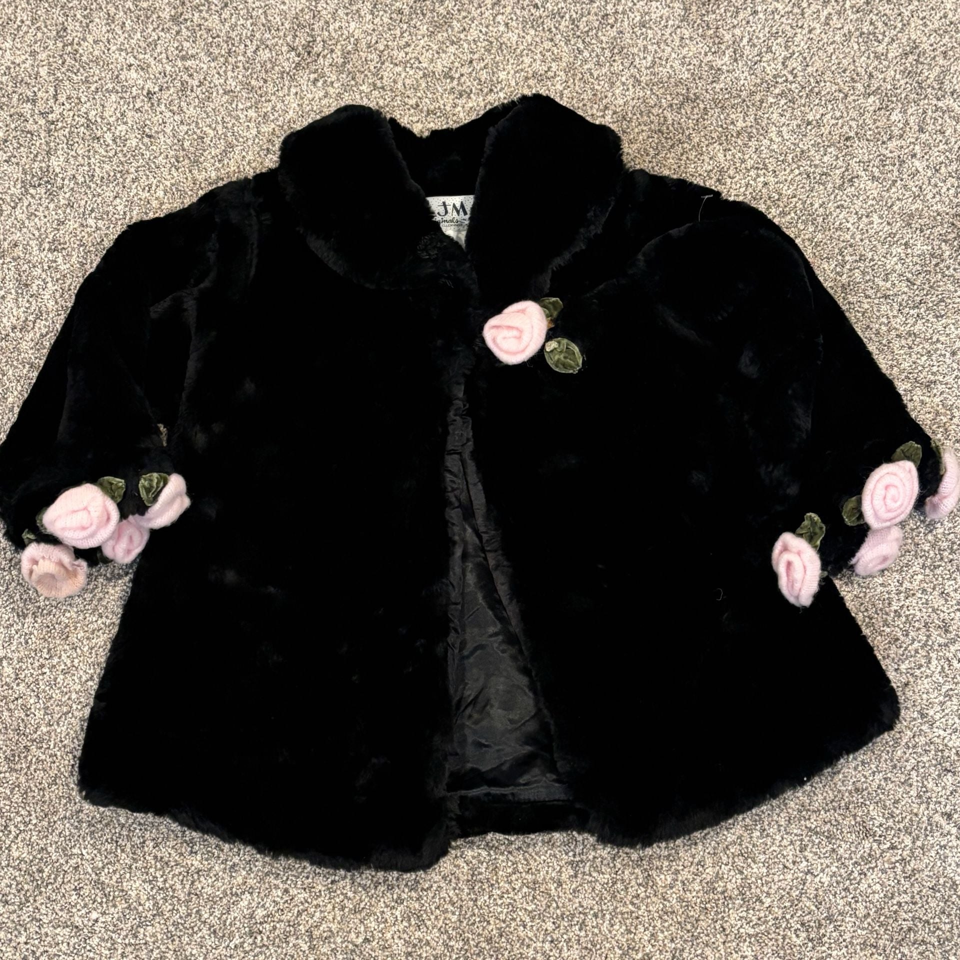 JM Originals Faux Fur Coat Black Pink Rose Accents 2