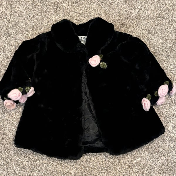 JM Originals Faux Fur Coat Black Pink Rose Accents