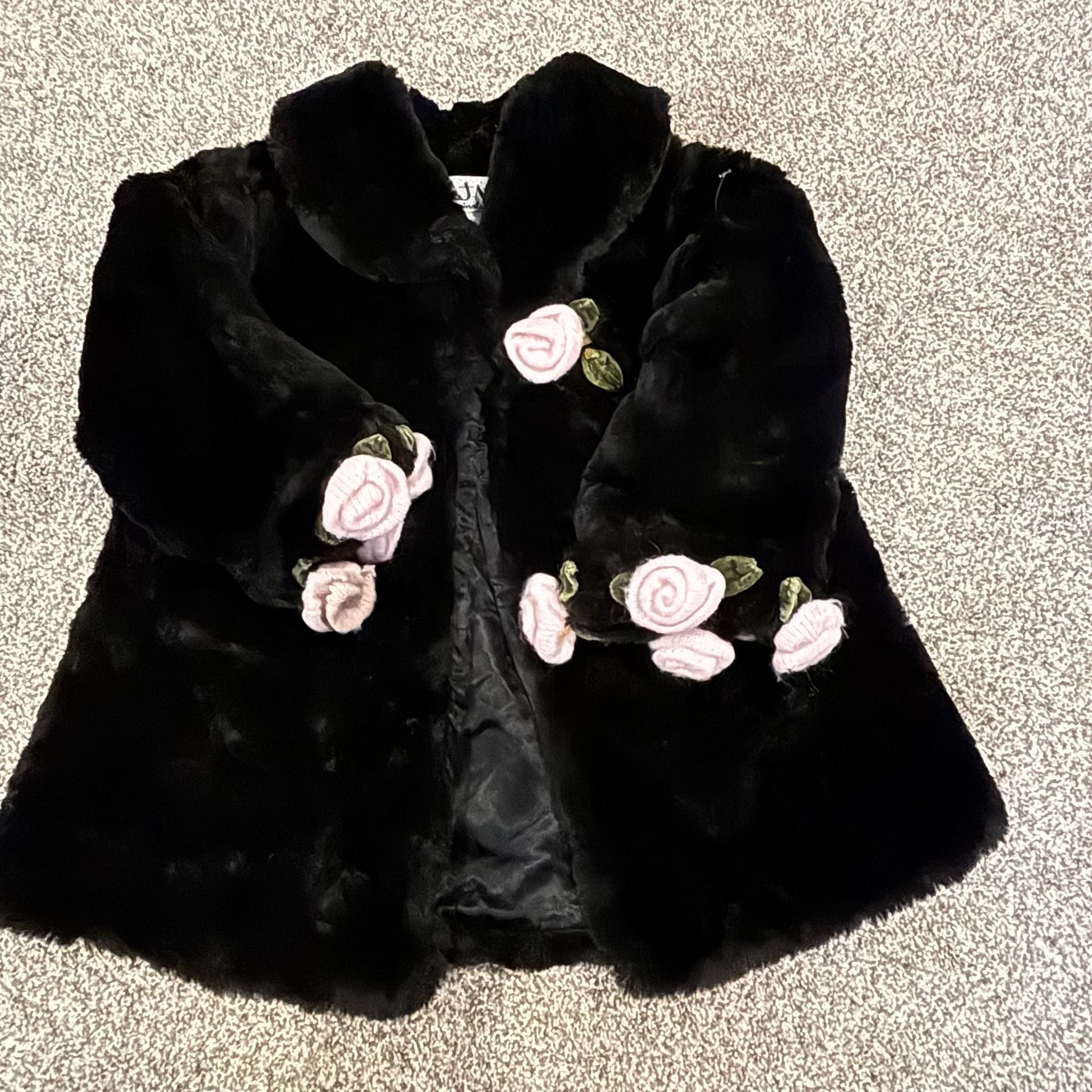 JM Originals Faux Fur Coat Black Pink Rose Accents 3