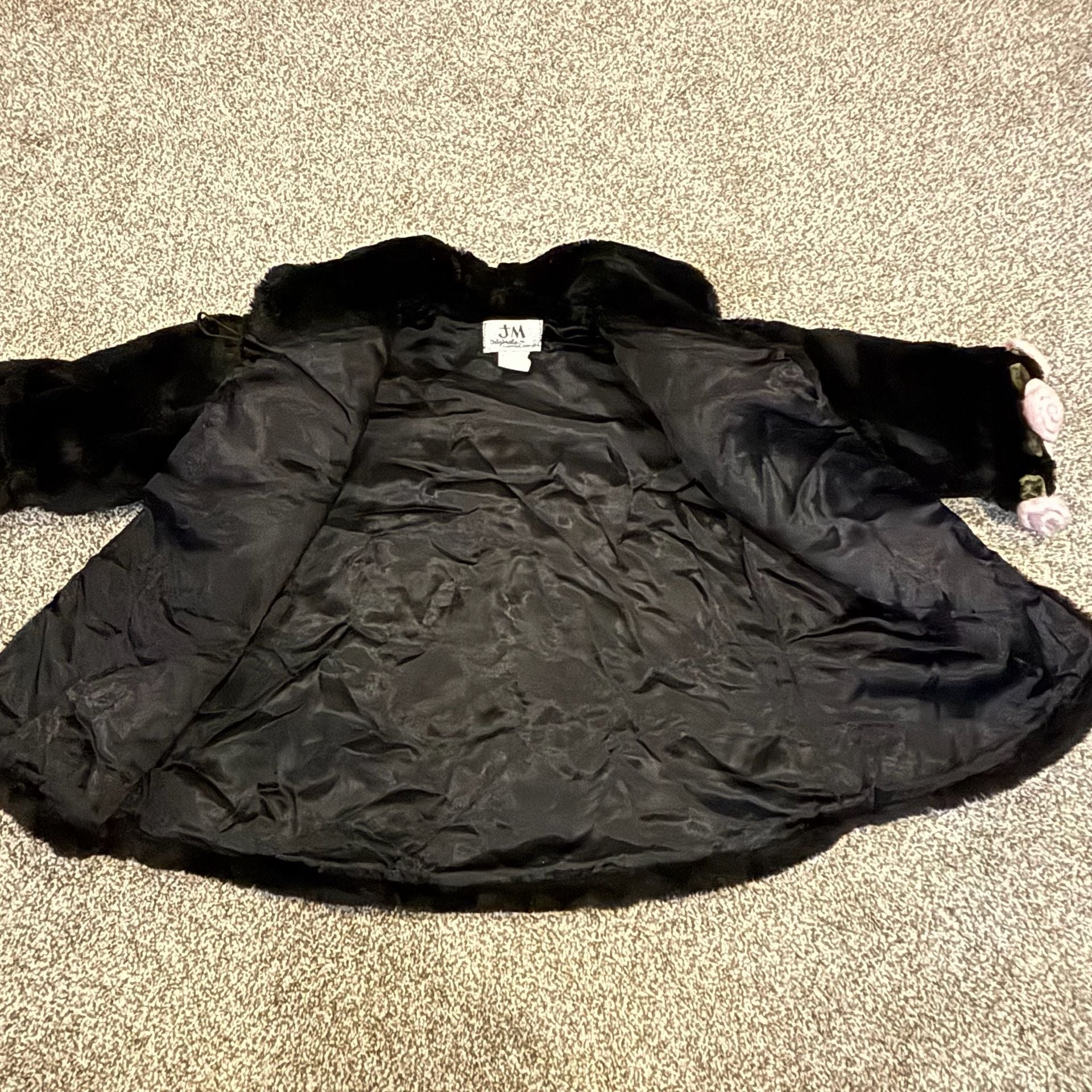 JM Originals Faux Fur Coat Black Pink Rose Accents 4
