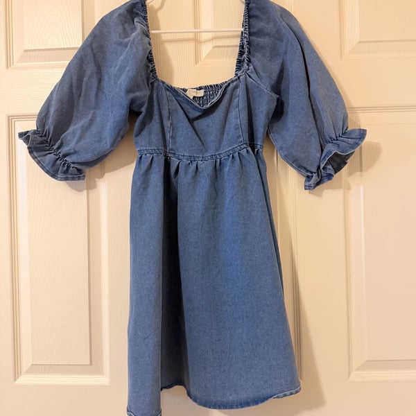 Thirty Thirty Denim Dress Size M Puff Sleeve Smocked Mini