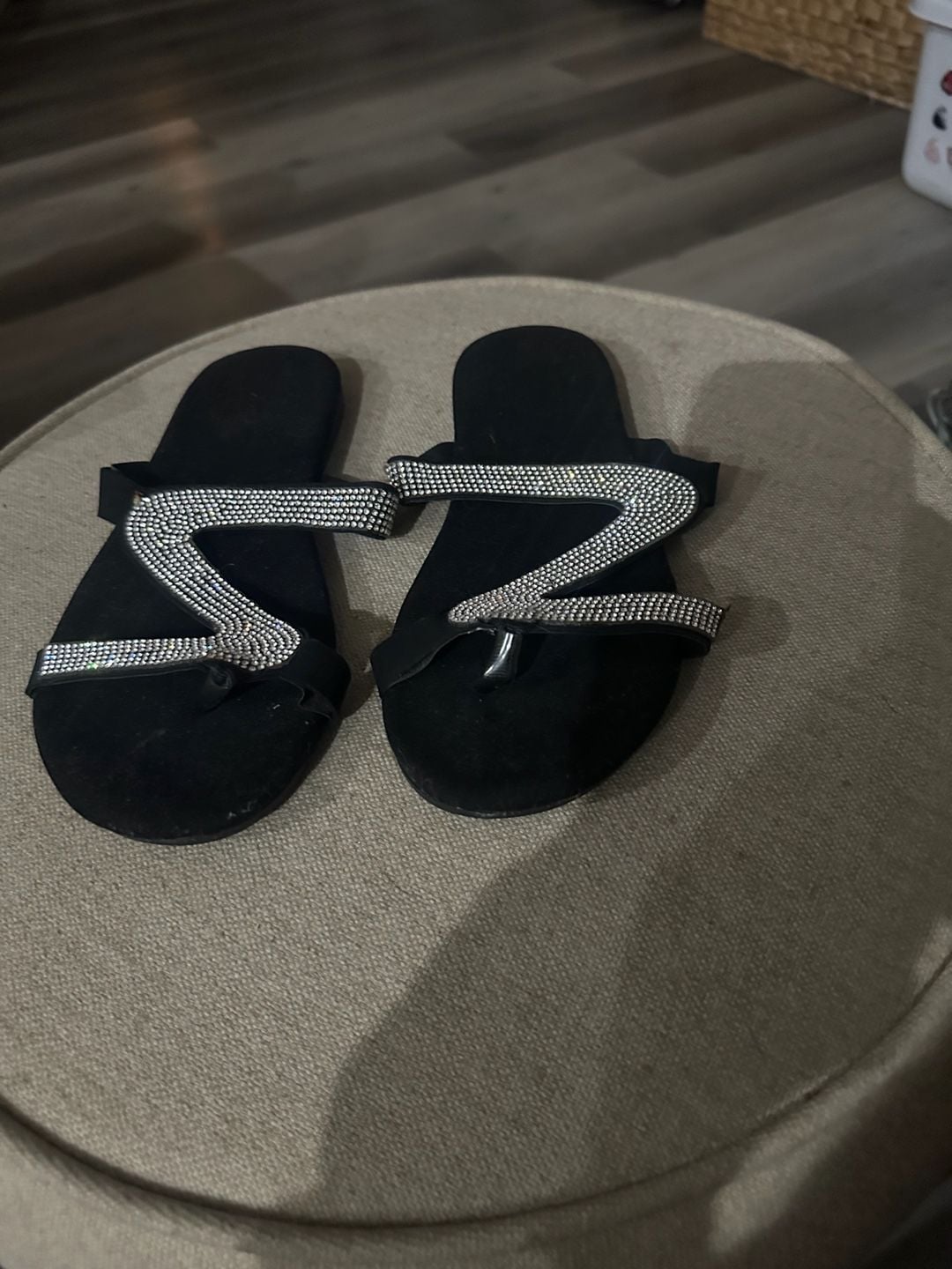 Unbranded Rhinestone Z Strap Flat Sandals Size 38 Black 2