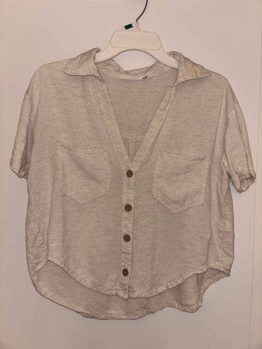 Altar'd State Short Sleeve Button Down Shirt Size S Beige Marled 2