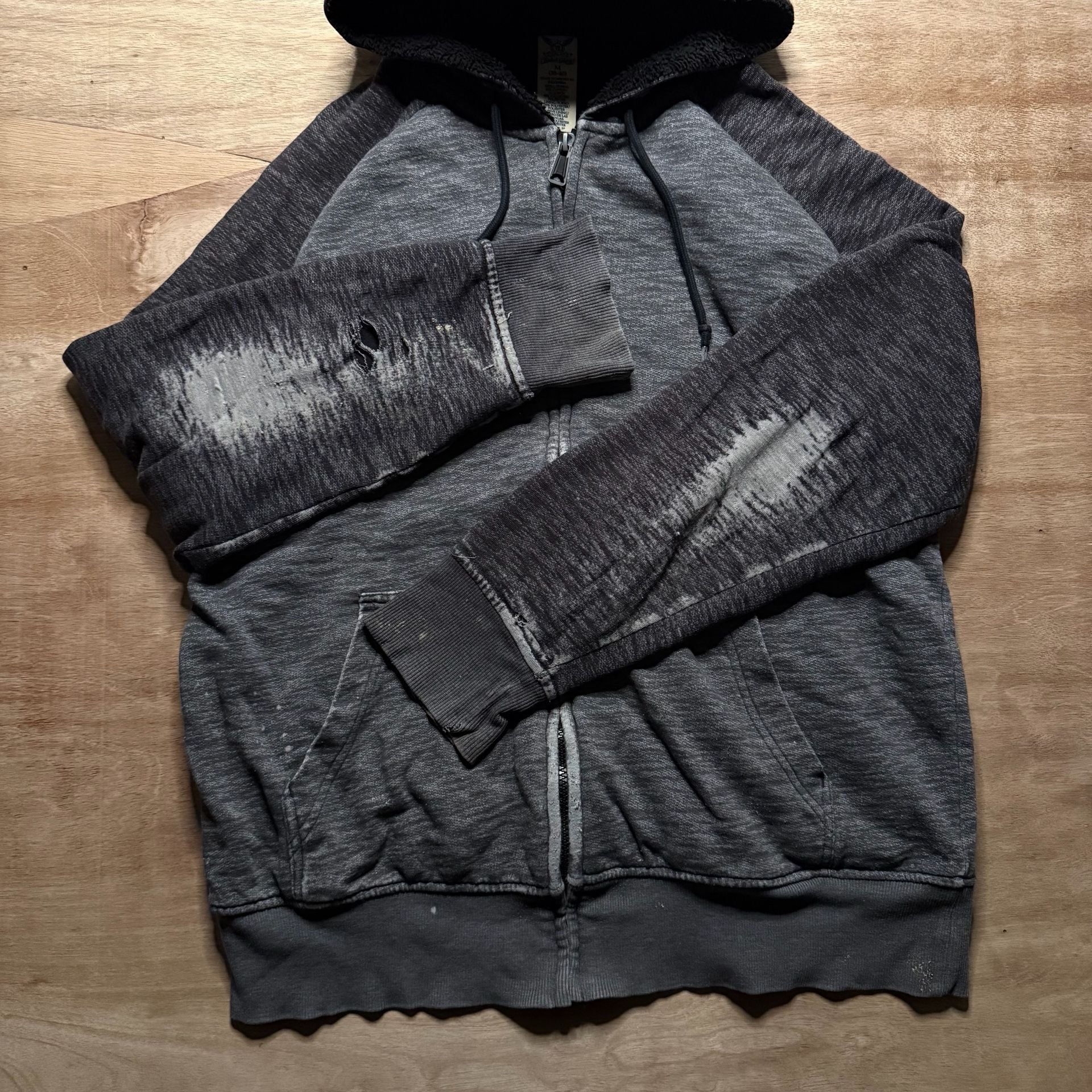 Faded Glory Men's M Trashed Distressed Sherpa Hoodie Grunge Faded Full Zip 5