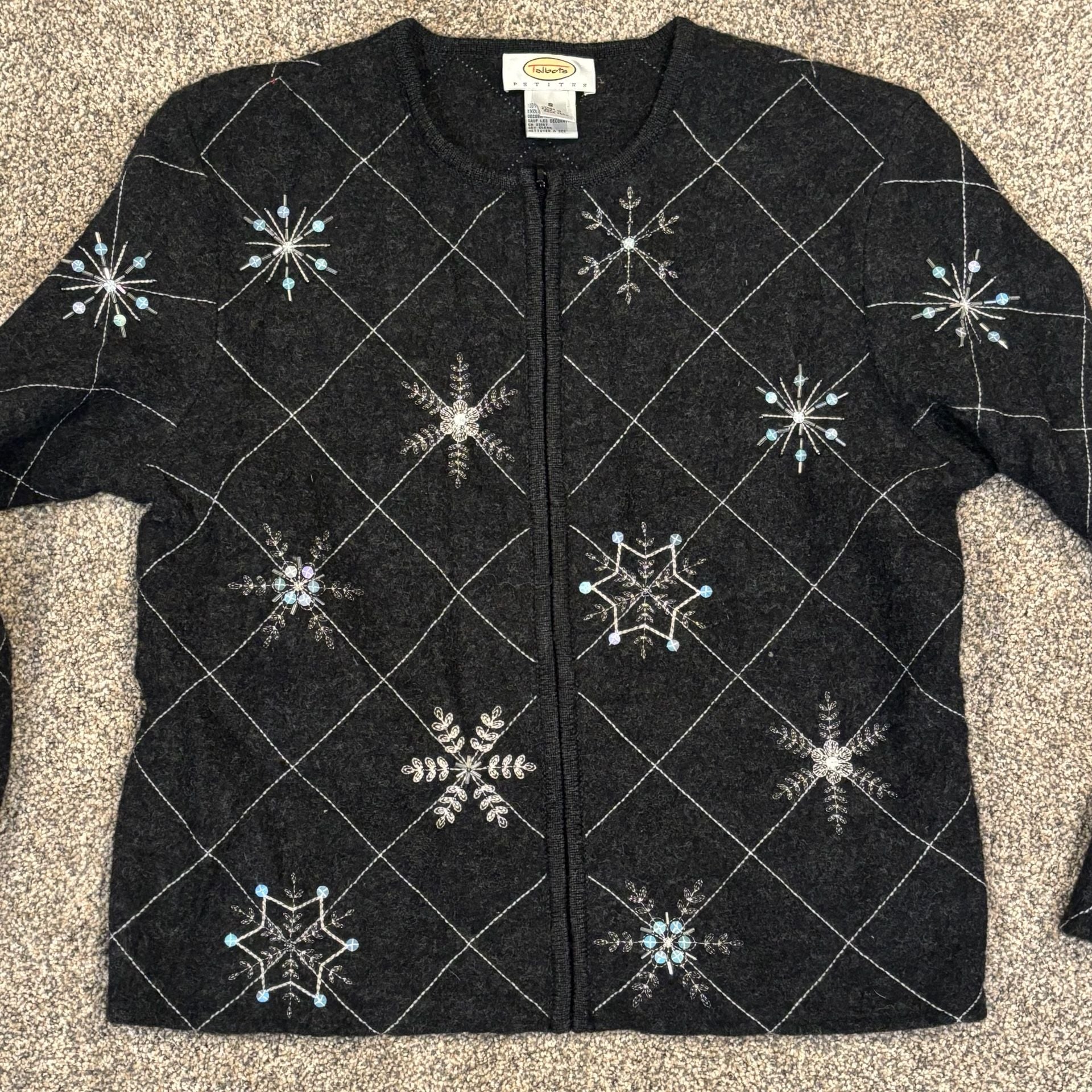 Talbots Cardigan Size PS Gray Wool Beaded Snowflake Zip 4