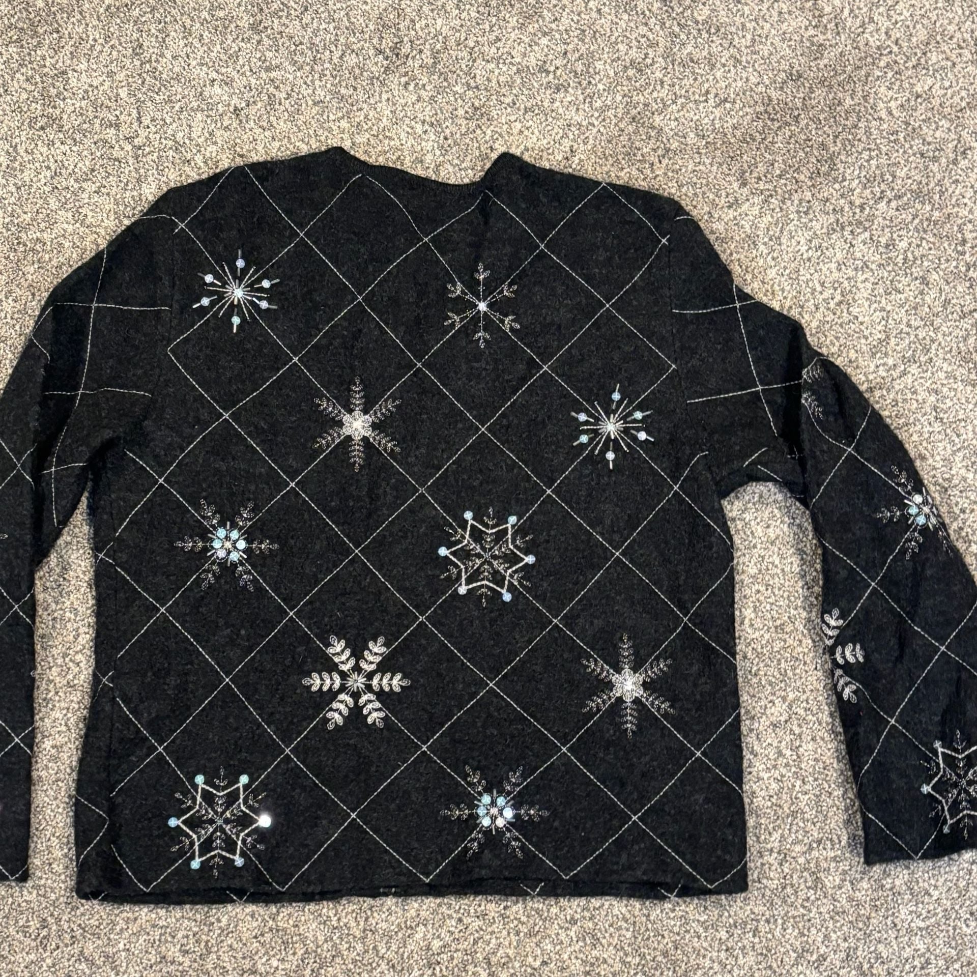 Talbots Cardigan Size PS Gray Wool Beaded Snowflake Zip 9
