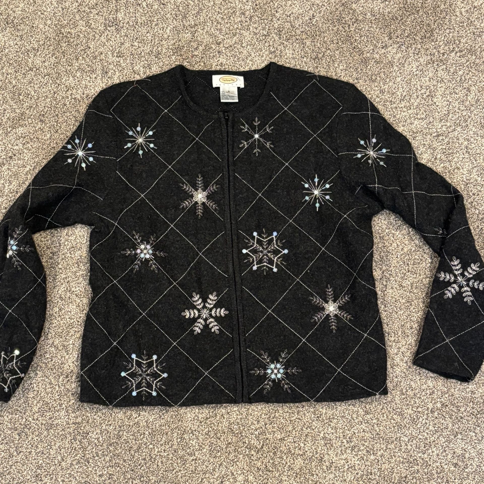 Talbots Cardigan Size PS Gray Wool Beaded Snowflake Zip 12