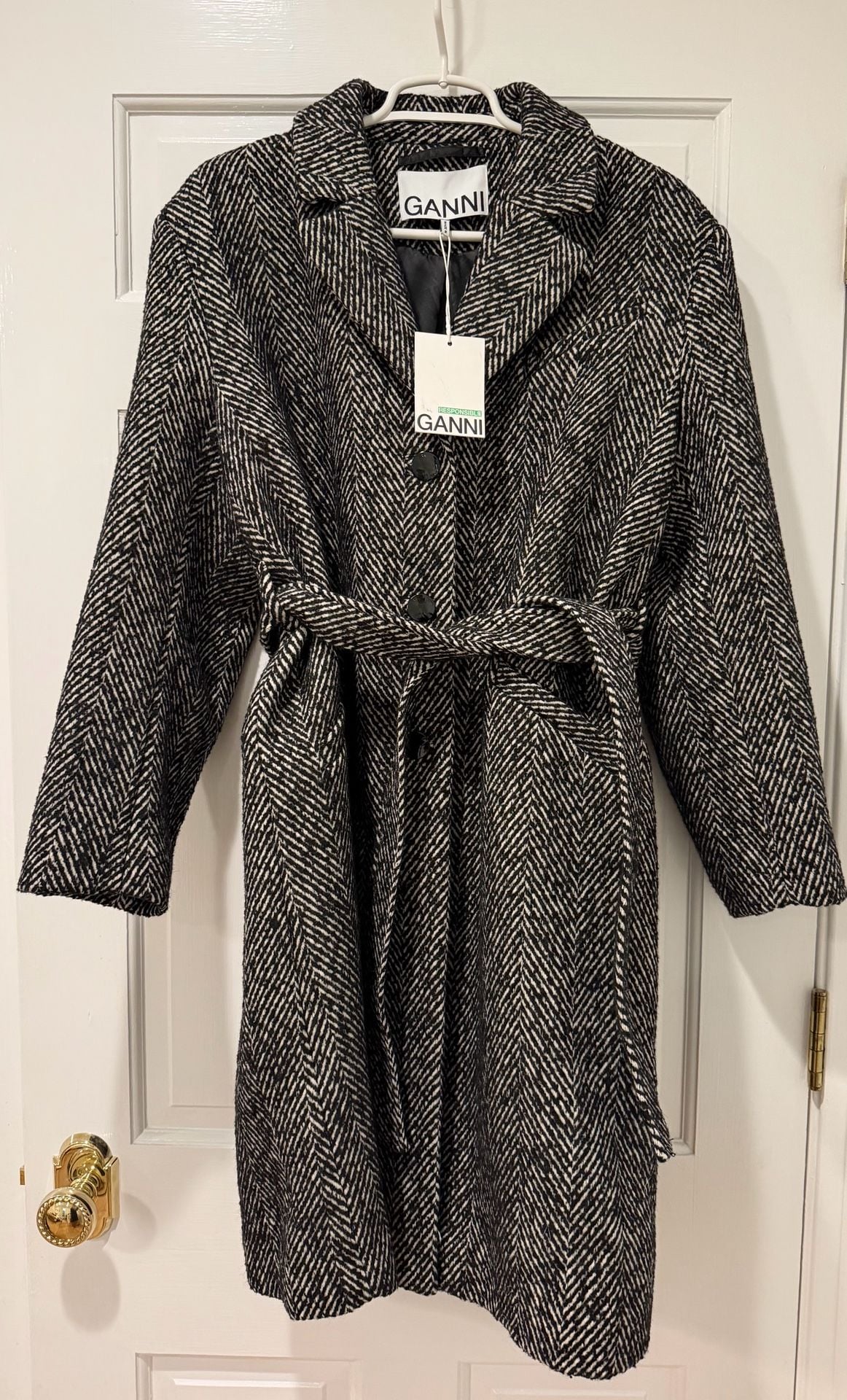 Ganni Herringbone Belted Coat Size 38 Black White Wool Blend 3