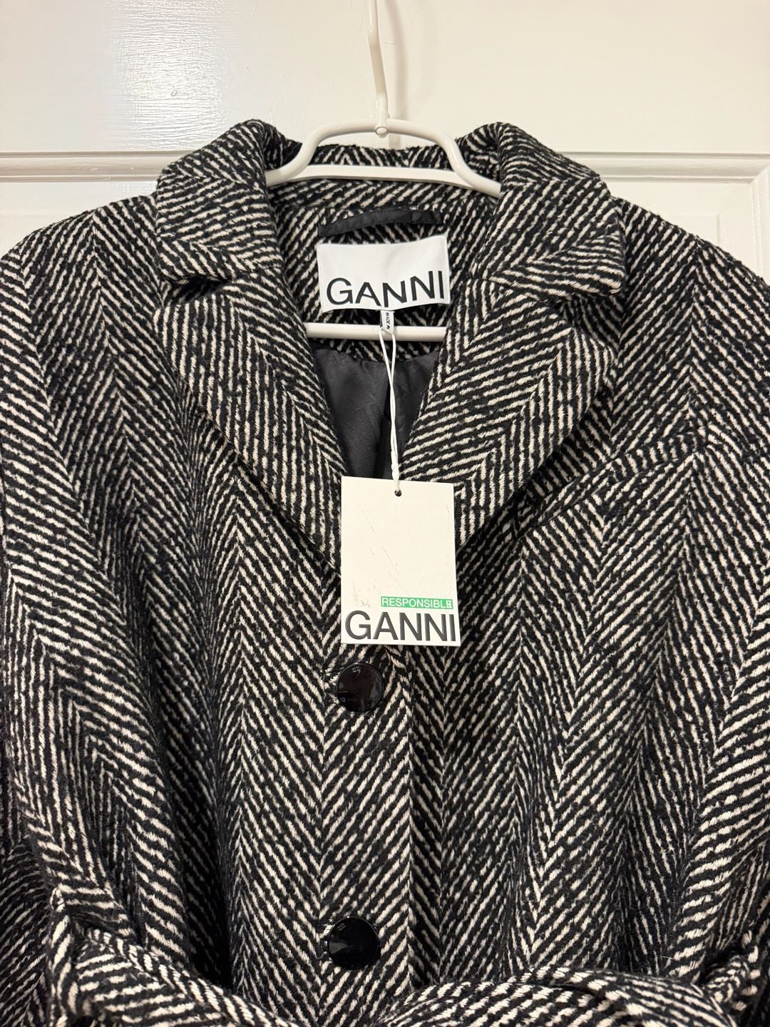 Ganni Herringbone Belted Coat Size 38 Black White Wool Blend 2