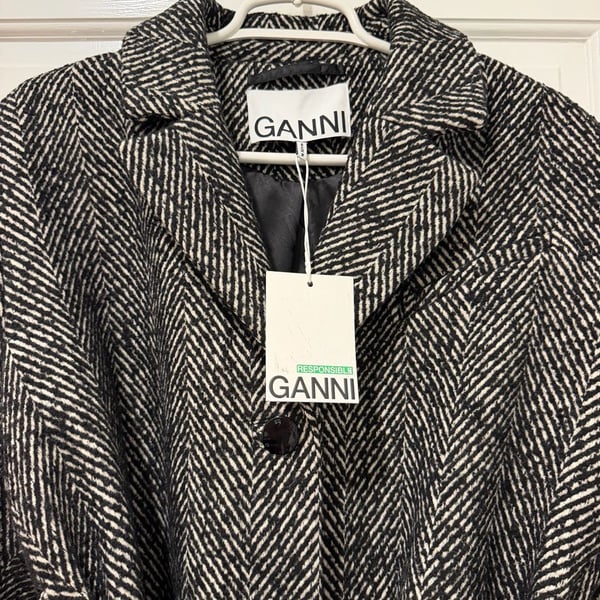 Ganni Herringbone Belted Coat Size 38 Black White Wool Blend