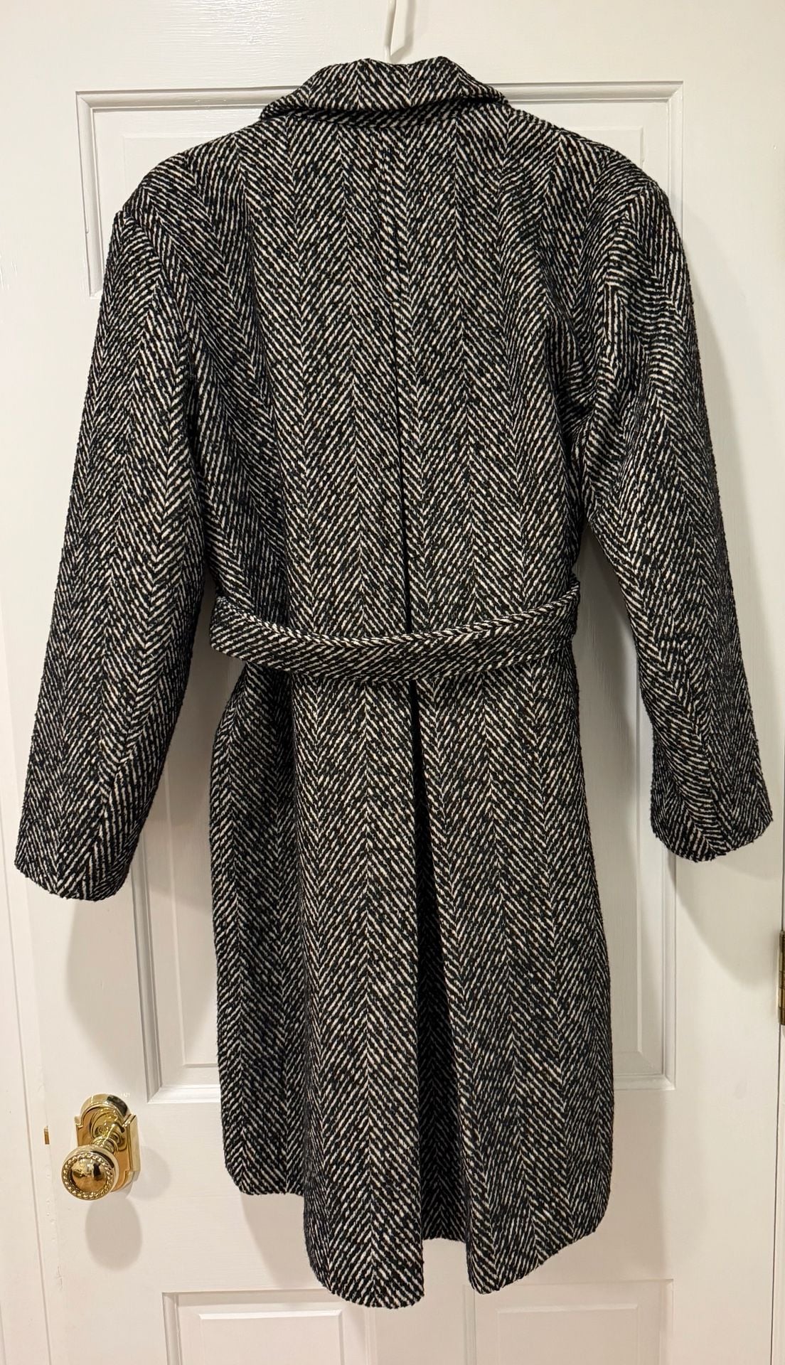 Ganni Herringbone Belted Coat Size 38 Black White Wool Blend 4