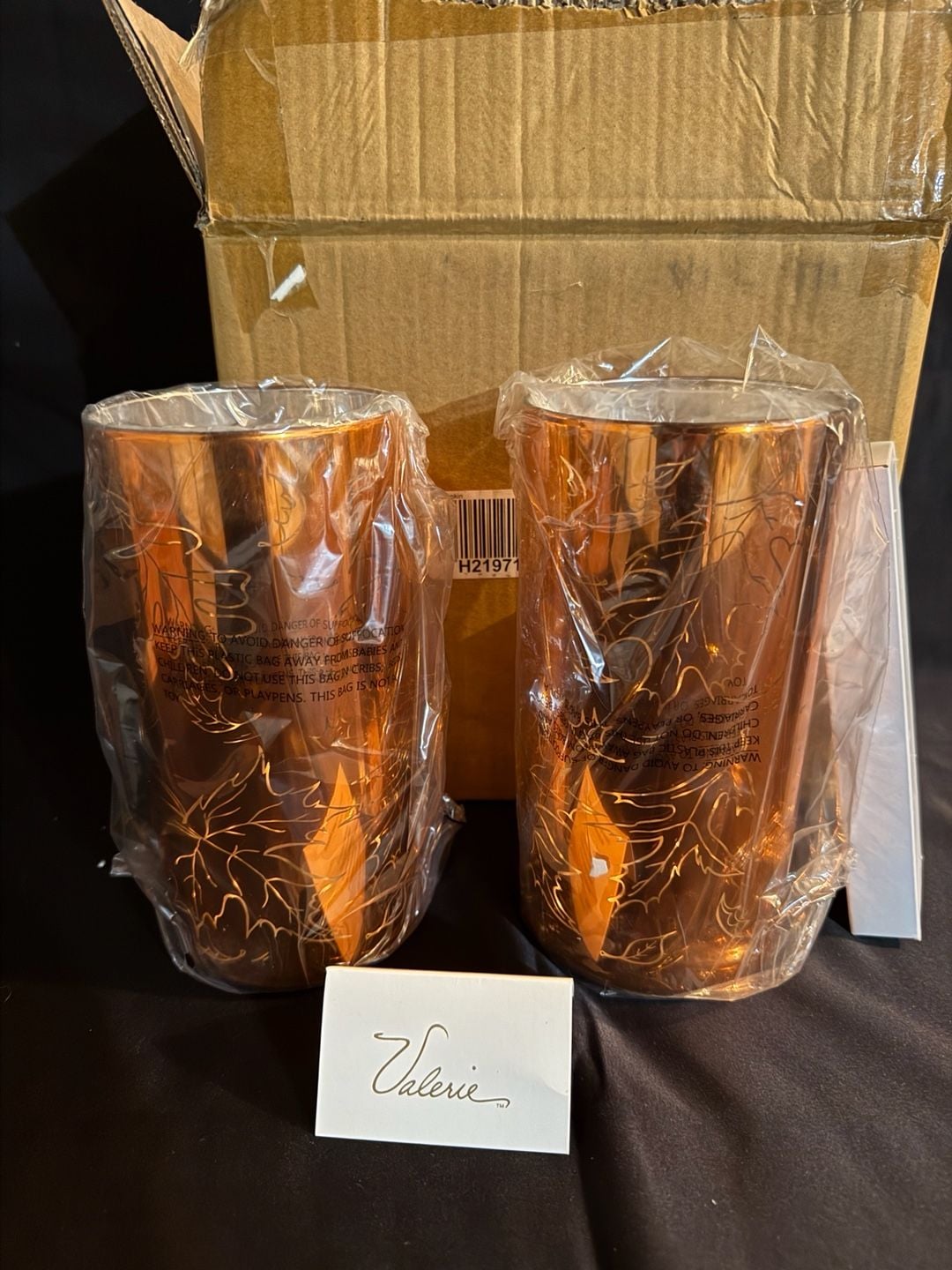 Valerie Set of 2 8 Illuminated Etched Mercury Glass Pillars Copper Leaf 1