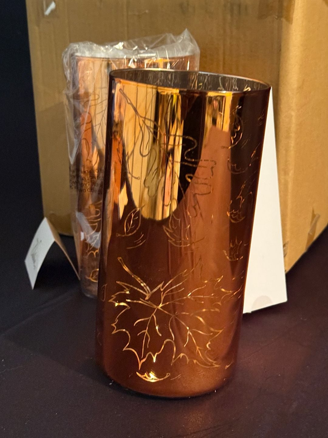 Valerie Set of 2 8 Illuminated Etched Mercury Glass Pillars Copper Leaf 2
