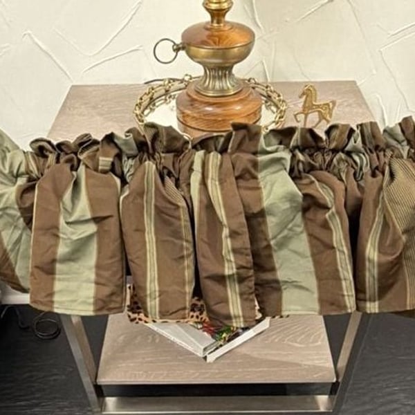 Waverly Green Striped Gathered Lined Valance Brown Striped set of two 