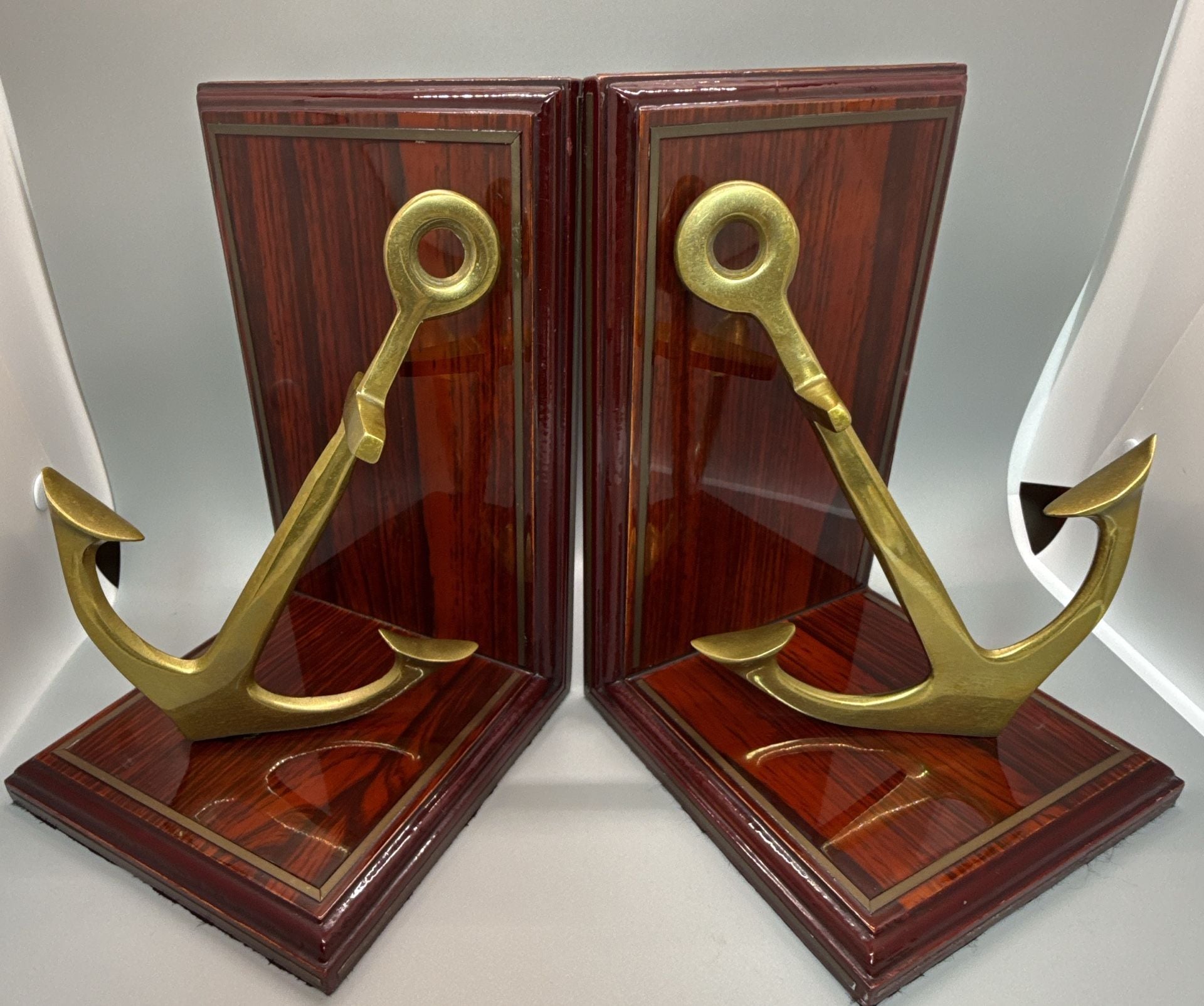 Gatco Solid Brass Wood Ship Anchor Bookends Pair Nautical Coastal Korea Vtg 3
