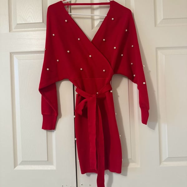 Immodel Sweater Dress Size S Red Pearl Wrap